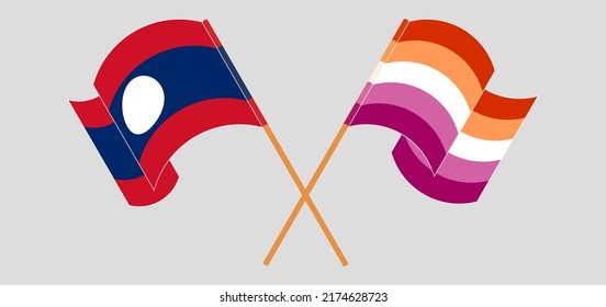 Crossed and waving flags of Laos and Lesbian Pride. Vector illustration
