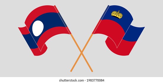 Crossed and waving flags of Laos and Liechtenstein