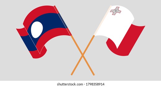 Crossed and waving flags of Laos and Malta
