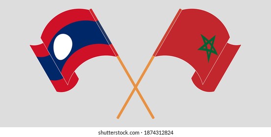Crossed and waving flags of Laos and Morocco