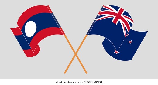 Crossed and waving flags of Laos and New Zealand