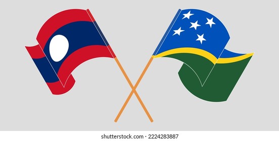 Crossed and waving flags of Laos and Solomon Islands. Vector illustration
