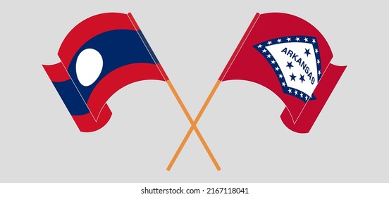 Crossed and waving flags of Laos and The State of Arkansas. Vector illustration