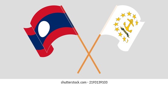 Cruzando y ondeando banderas de Laos y el estado de la isla Rhode. Ilustración del vector
