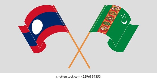 Crossed and waving flags of Laos and Turkmenistan. Vector illustration

