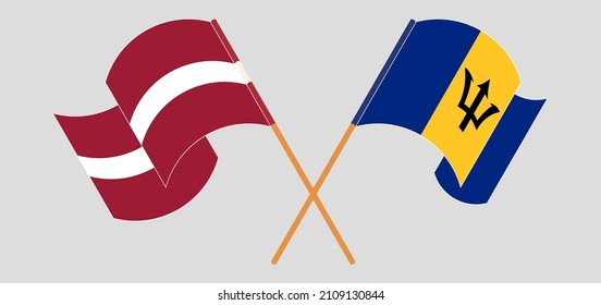 Crossed and waving flags of Latvia and Barbados. Vector illustration
