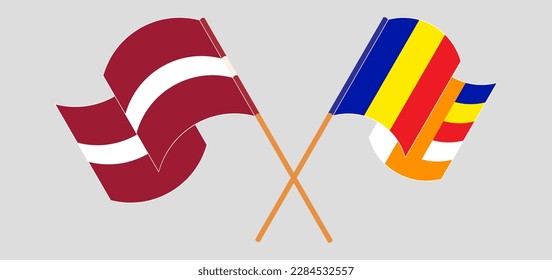 Crossed and waving flags of Latvia and Buddhism. Vector illustration
