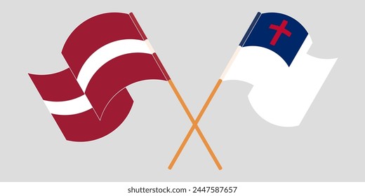 Crossed and waving flags of Latvia and christianity. Vector illustration
