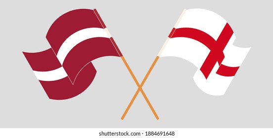 Crossed and waving flags of Latvia and England