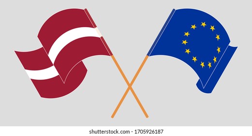Crossed and waving flags of Latvia and the EU