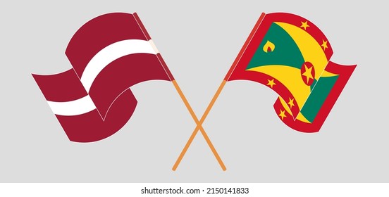 Crossed and waving flags of Latvia and Grenada. Vector illustration
