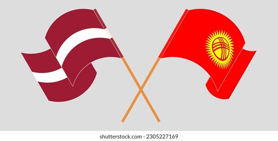 Crossed and waving flags of Latvia and Kyrgyzstan. Vector illustration
