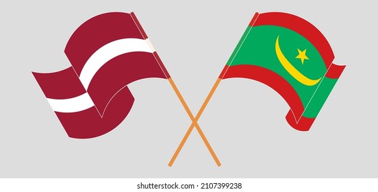 Crossed and waving flags of Latvia and Mauritania. Vector illustration
