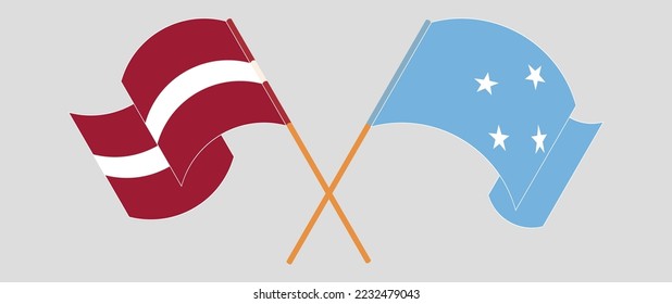 Überquerte und wehende Flaggen von Lettland und Mikronesien. Vektorgrafik
