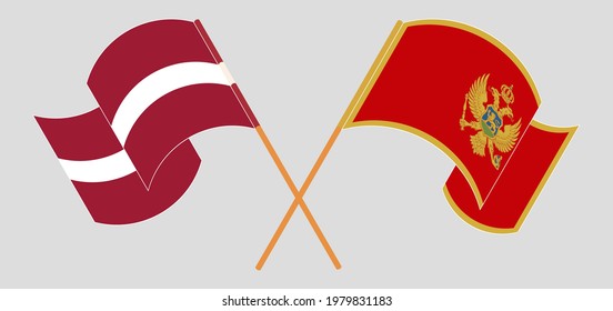 Crossed and waving flags of Latvia and Montenegro