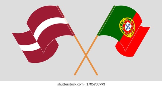 Crossed and waving flags of Latvia and Portugal