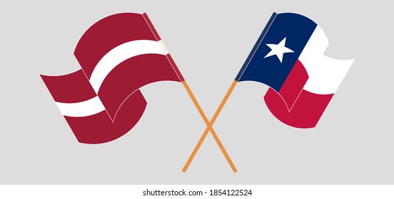 Crossed and waving flags of Latvia and the State of Texas