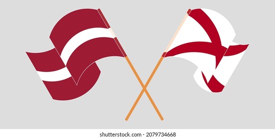 Crossed and waving flags of Latvia and The State of Alabama. Vector illustration
