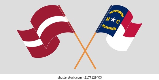 Crossed and waving flags of Latvia and The State of North Carolina. Vector illustration
