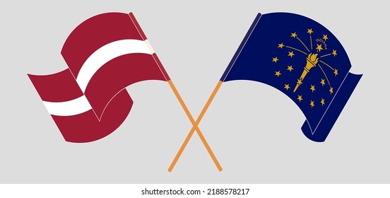 Crossed and waving flags of Latvia and the State of Indiana. Vector illustration
