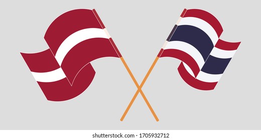 Crossed and waving flags of Latvia and Thailand