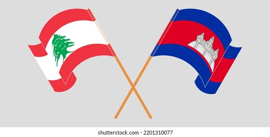 Crossed and waving flags of the Lebanon and Cambodia. Vector illustration
