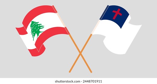 Crossed and waving flags of the Lebanon and christianity. Vector illustration
