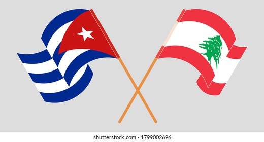 Crossed and waving flags of Lebanon and Cuba