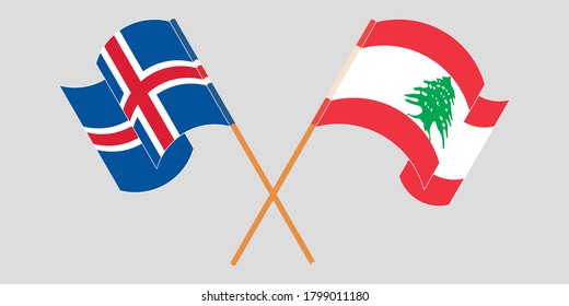 Crossed and waving flags of Lebanon and Iceland