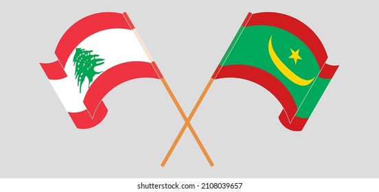 Crossed and waving flags of the Lebanon and Mauritania. Vector illustration