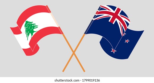 Crossed and waving flags of Lebanon and New Zealand
