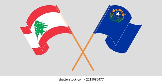 Crossed and waving flags of the Lebanon and The State of Nevada. Vector illustration
