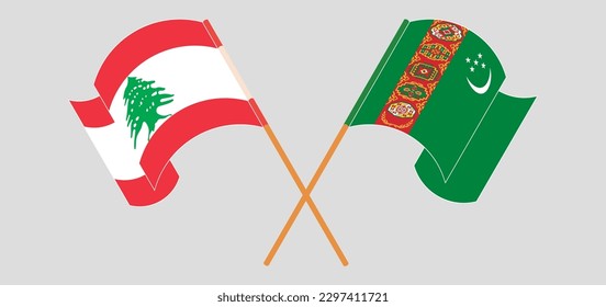 Crossed and waving flags of the Lebanon and Turkmenistan