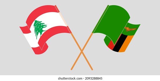 Crossed and waving flags of the Lebanon and Zambia. Vector illustration
