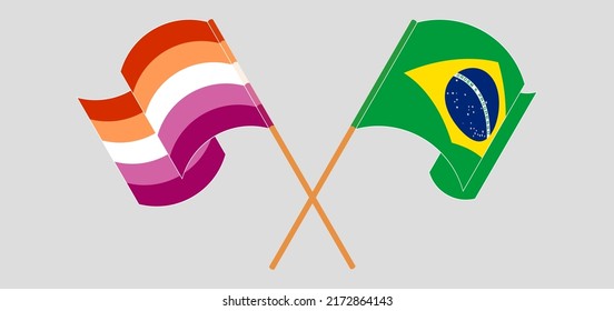 Crossed and waving flags of Lesbian Pride and Brazil. Vector illustration
