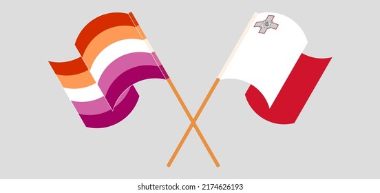 Cruzada y ondeando banderas del Orgullo Lesbiano y Malta. Ilustración del vector
