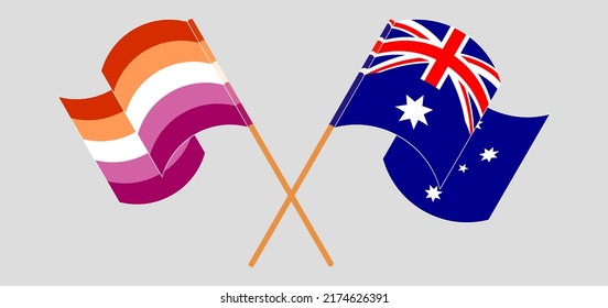 Crossed and waving flags of Lesbian Pride and Australia. Vector illustration
