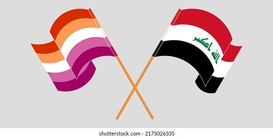 Crossed and waving flags of Lesbian Pride and Iraq