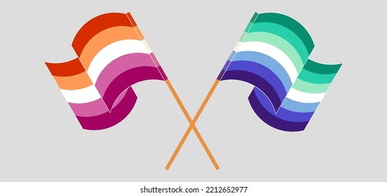 Crossed And Waving Flags Of Lesbian Pride And Gay Men Pride. Vector Illustration
