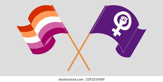 Crossed and waving flags of Lesbian Pride and Feminism. Vector illustration
