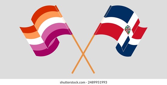 Crossed and waving flags of Lesbian Pride and Dominican Republic. Vector illustration
