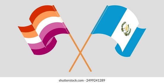 Crossed and waving flags of Lesbian Pride and Republic of Guatemala. Vector illustration
