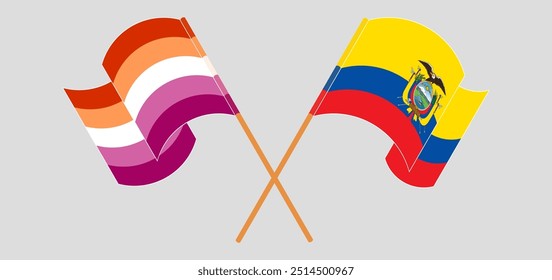 Crossed and waving flags of Lesbian Pride and Republic of Ecuador. Vector illustration.
