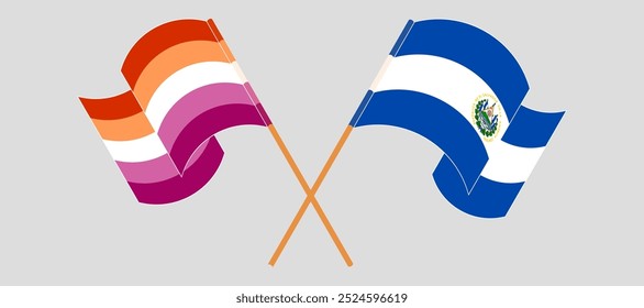 Crossed and waving flags of Lesbian Pride and Republic of El Salvador. Vector illustration.
