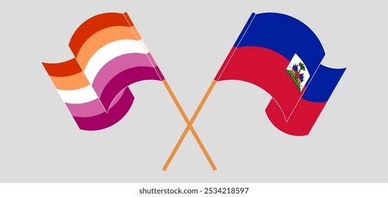 Crossed and waving flags of Lesbian Pride and Republic of Haiti. Vector illustration.
