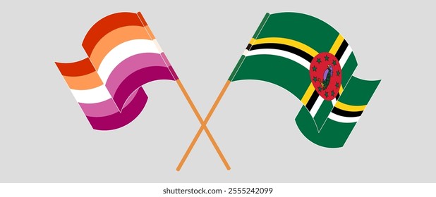 Crossed and waving flags of Lesbian Pride and Dominica. Vector illustration.
