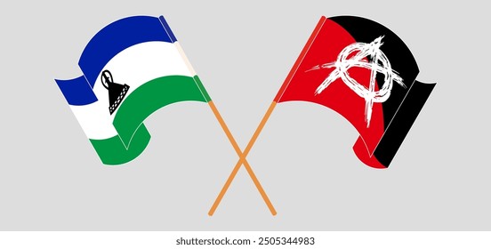 Crossed and waving flags of Lesotho and Anarchy. Vector illustration
