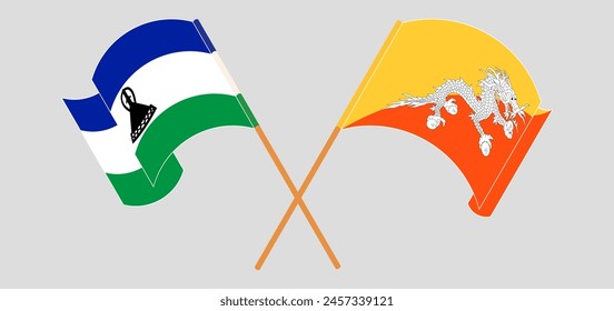 Crossed and waving flags of Lesotho and Bhutan. Vector illustration
