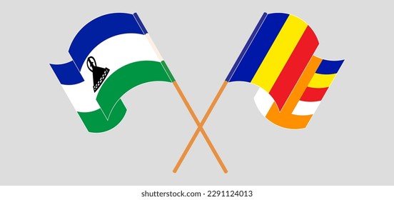 Crossed and waving flags of Lesotho and Buddhism. Vector illustration
