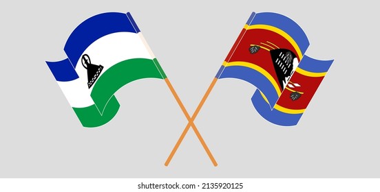 Crossed and waving flags of Lesotho and Eswatini. Vector illustration
